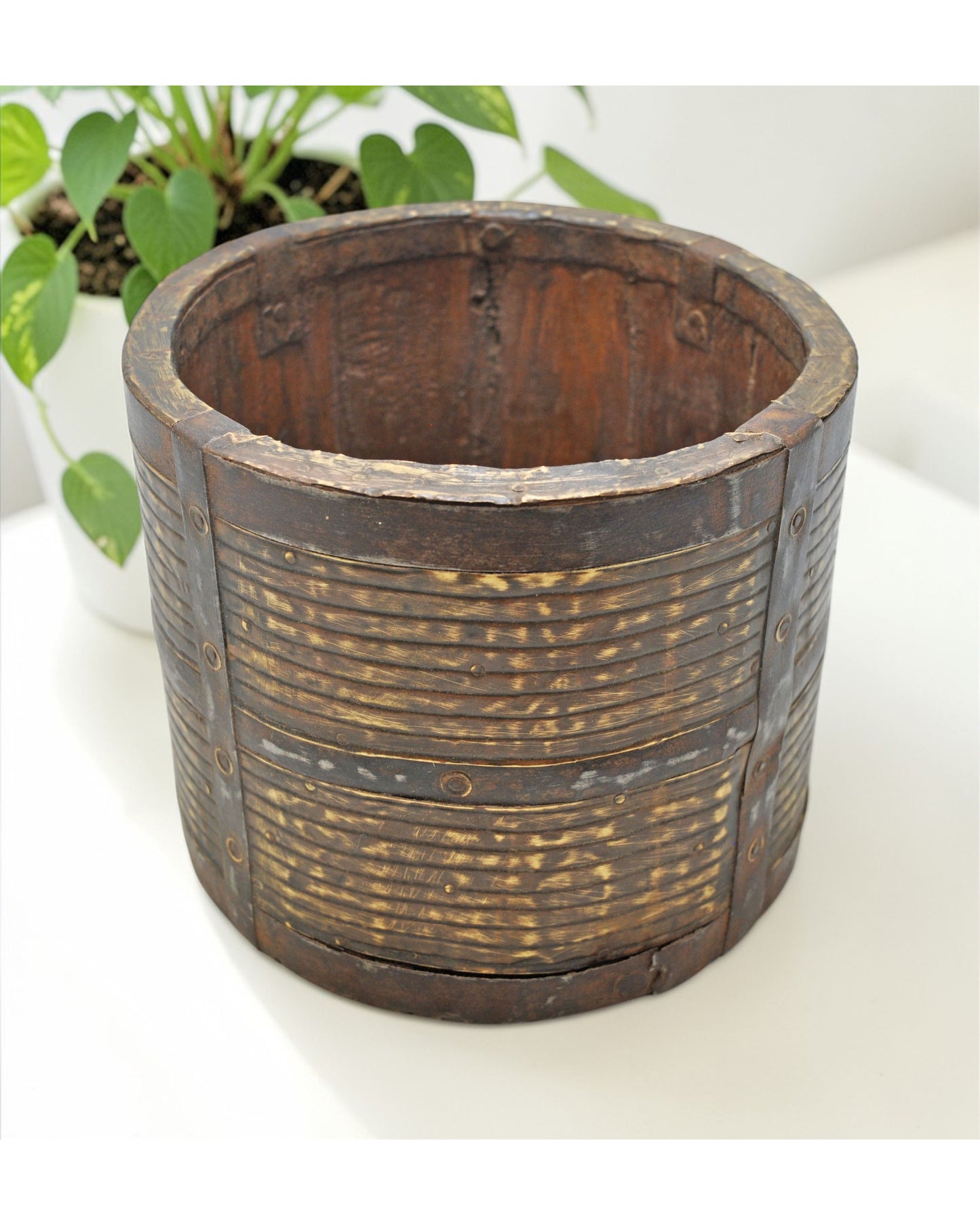 Vintage Wooden Small Grain Measurement Paili Pot Original Old Brass Fitted