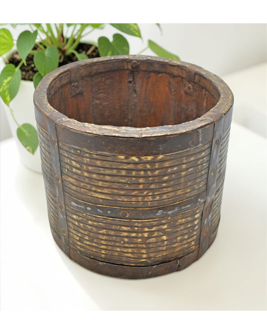 Vintage Wooden Small Grain Measurement Paili Pot Original Old Brass Fitted