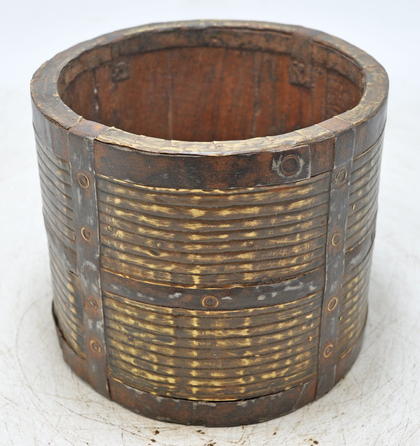 Vintage Wooden Small Grain Measurement Paili Pot Original Old Brass Fitted