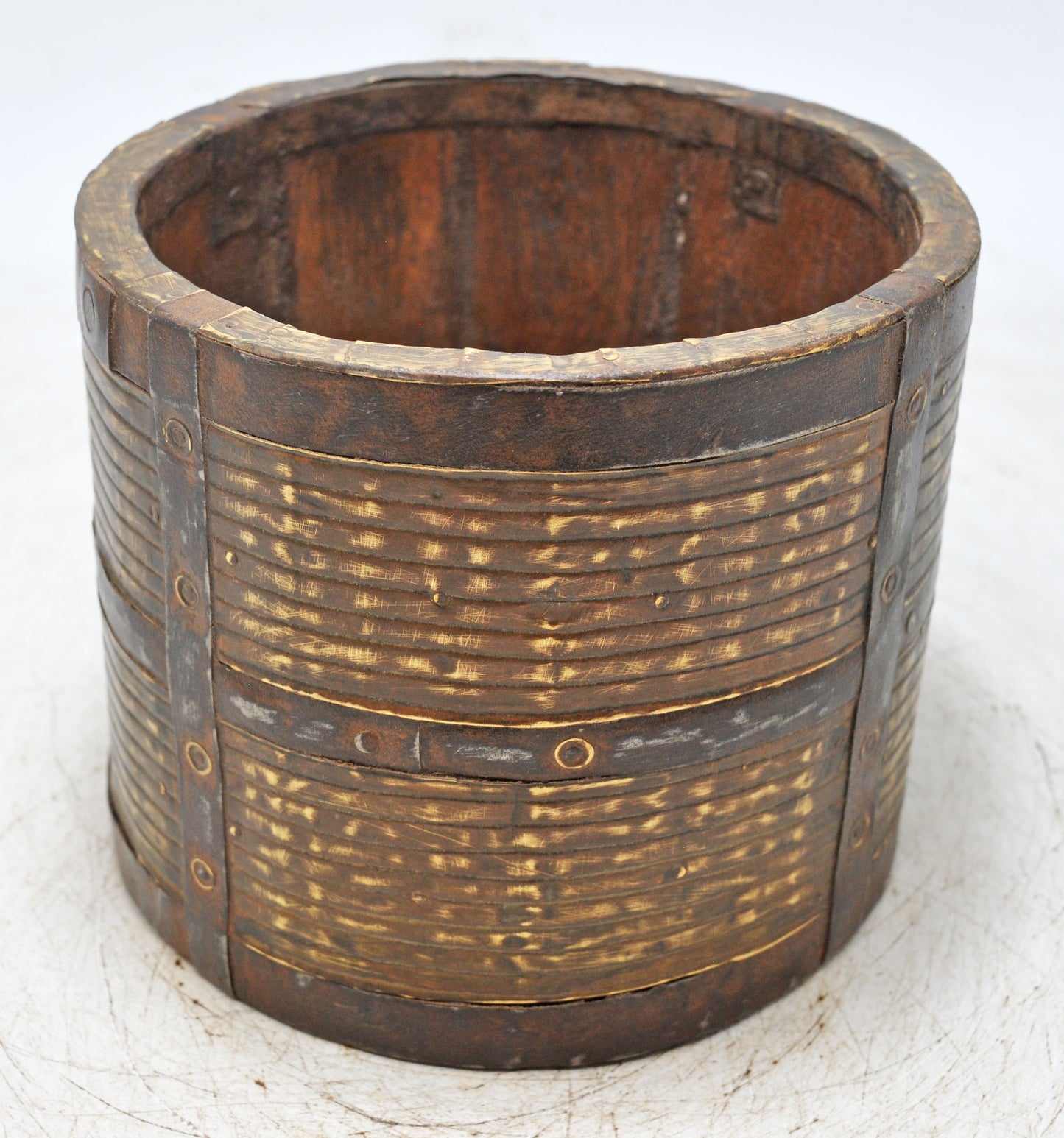 Vintage Wooden Small Grain Measurement Paili Pot Original Old Brass Fitted