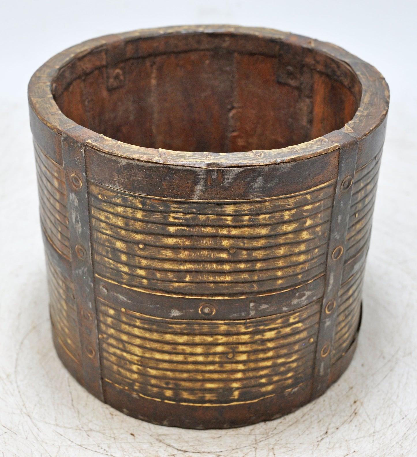 Vintage Wooden Small Grain Measurement Paili Pot Original Old Brass Fitted