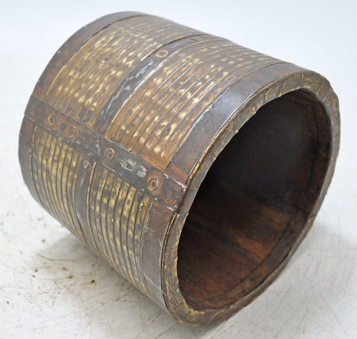 Vintage Wooden Small Grain Measurement Paili Pot Original Old Brass Fitted