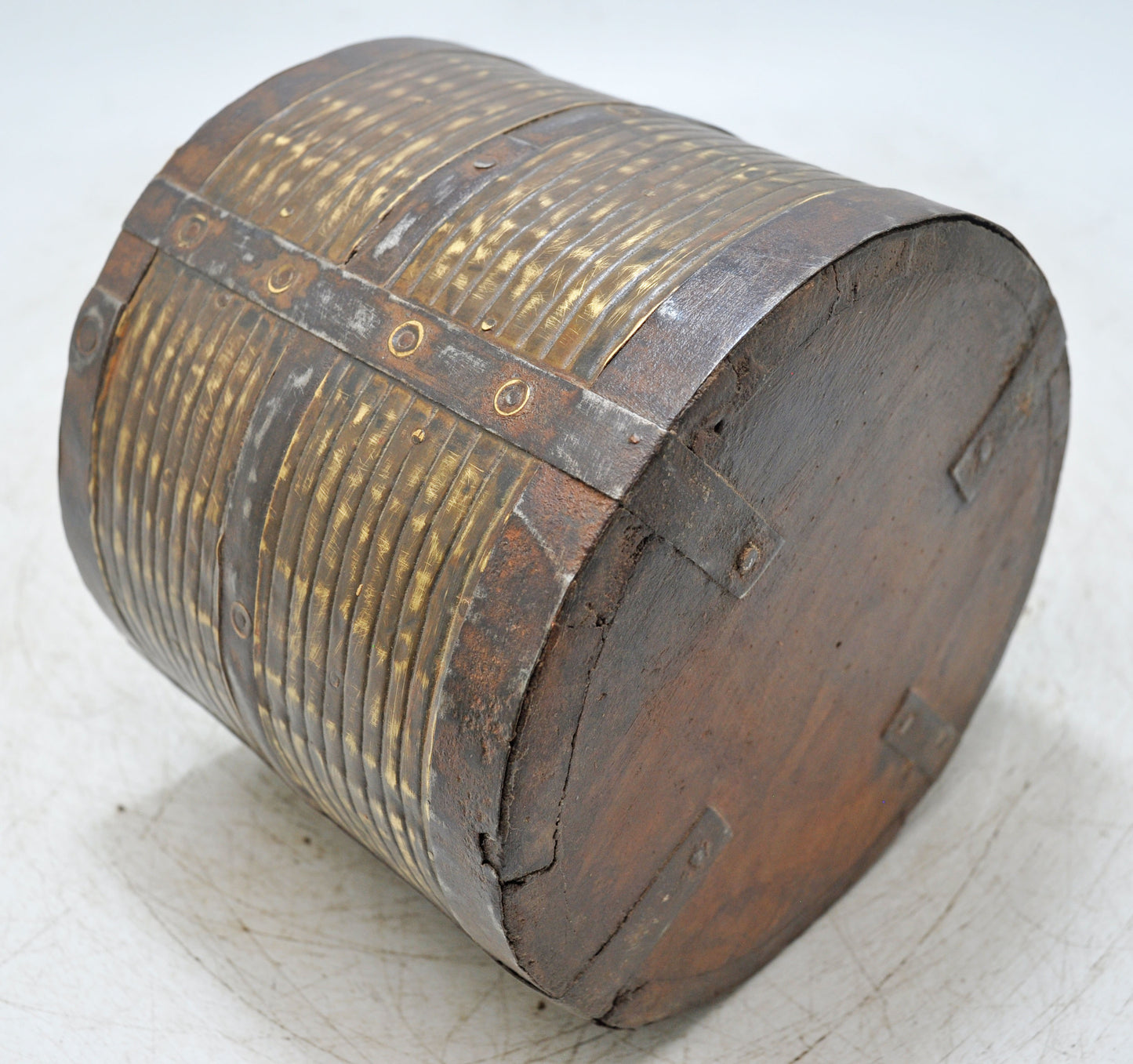 Vintage Wooden Small Grain Measurement Paili Pot Original Old Brass Fitted