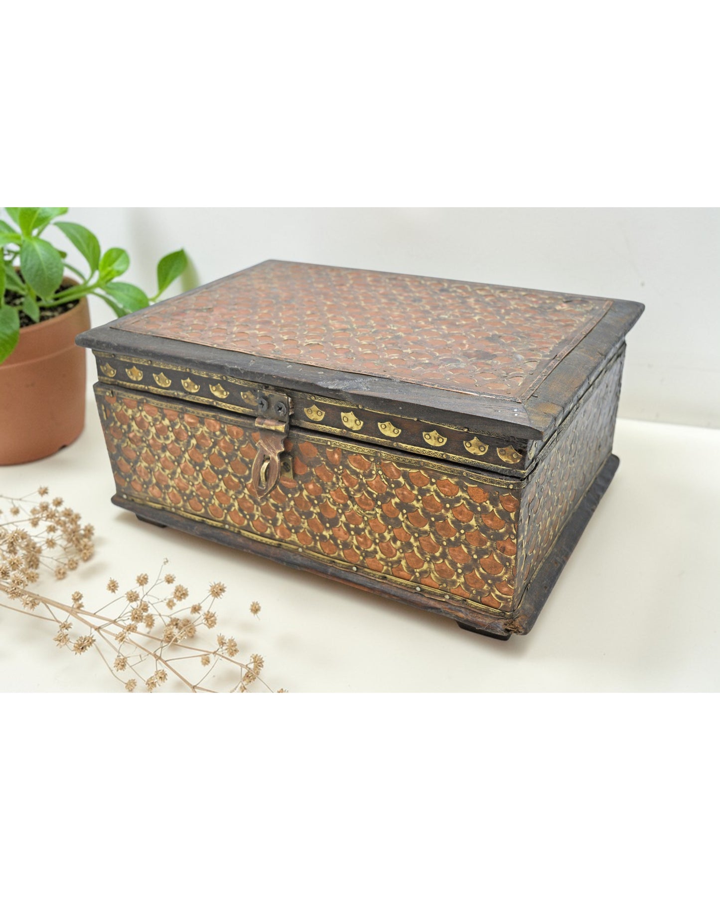 Vintage Wooden Storage Chest Box Original Old Hand Crafted Brass Copper Fitted