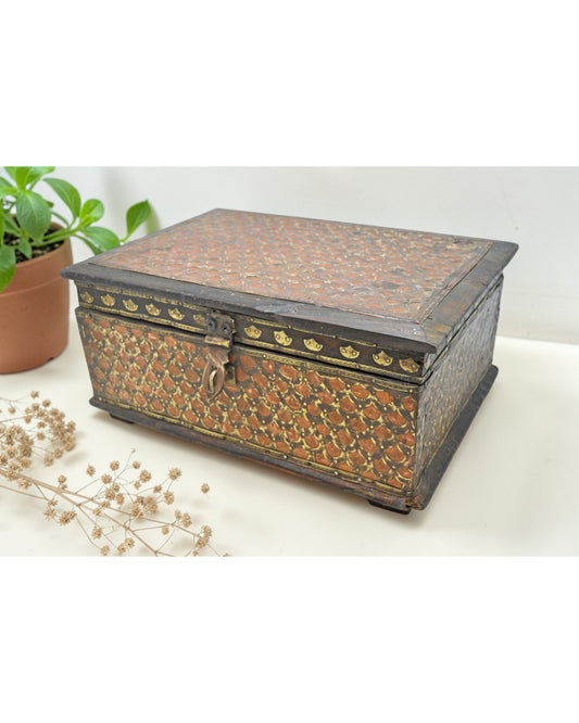 Vintage Wooden Storage Chest Box Original Old Hand Crafted Brass Copper Fitted