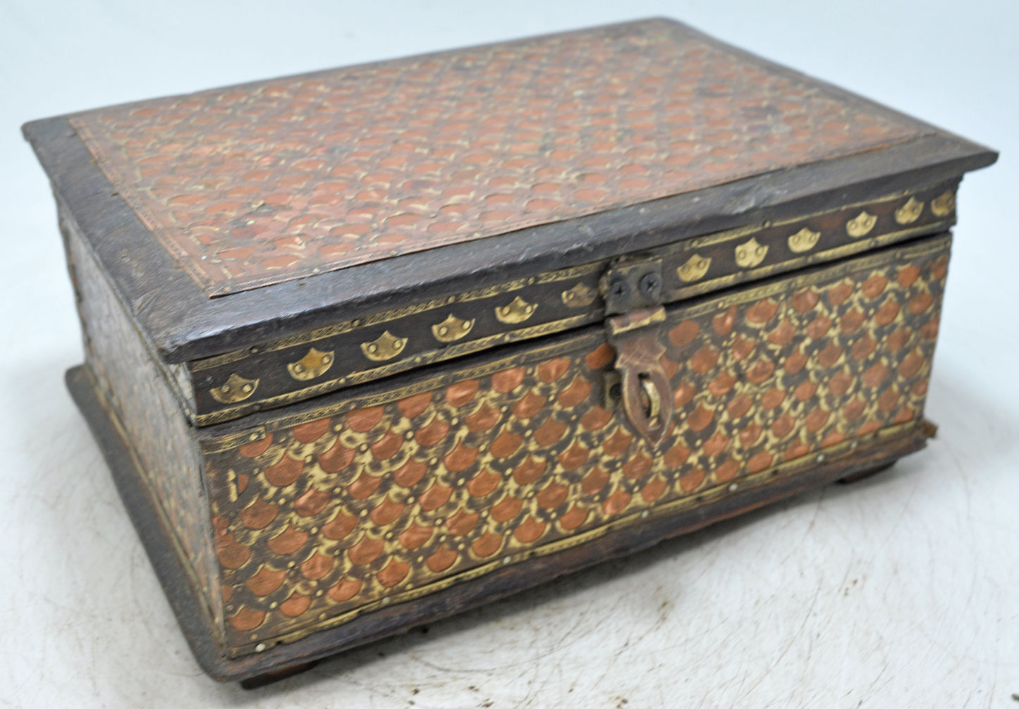 Vintage Wooden Storage Chest Box Original Old Hand Crafted Brass Copper Fitted