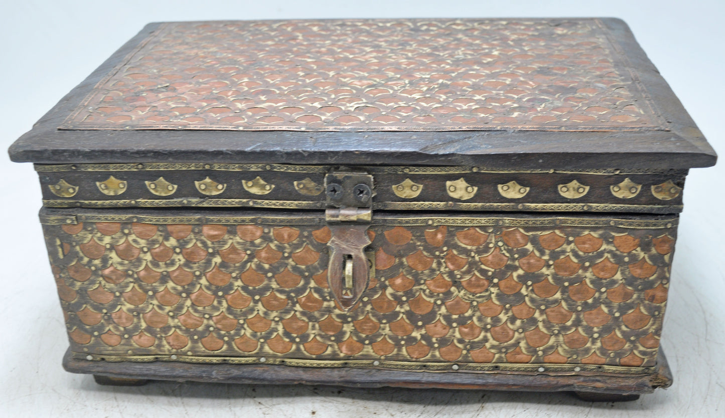 Vintage Wooden Storage Chest Box Original Old Hand Crafted Brass Copper Fitted