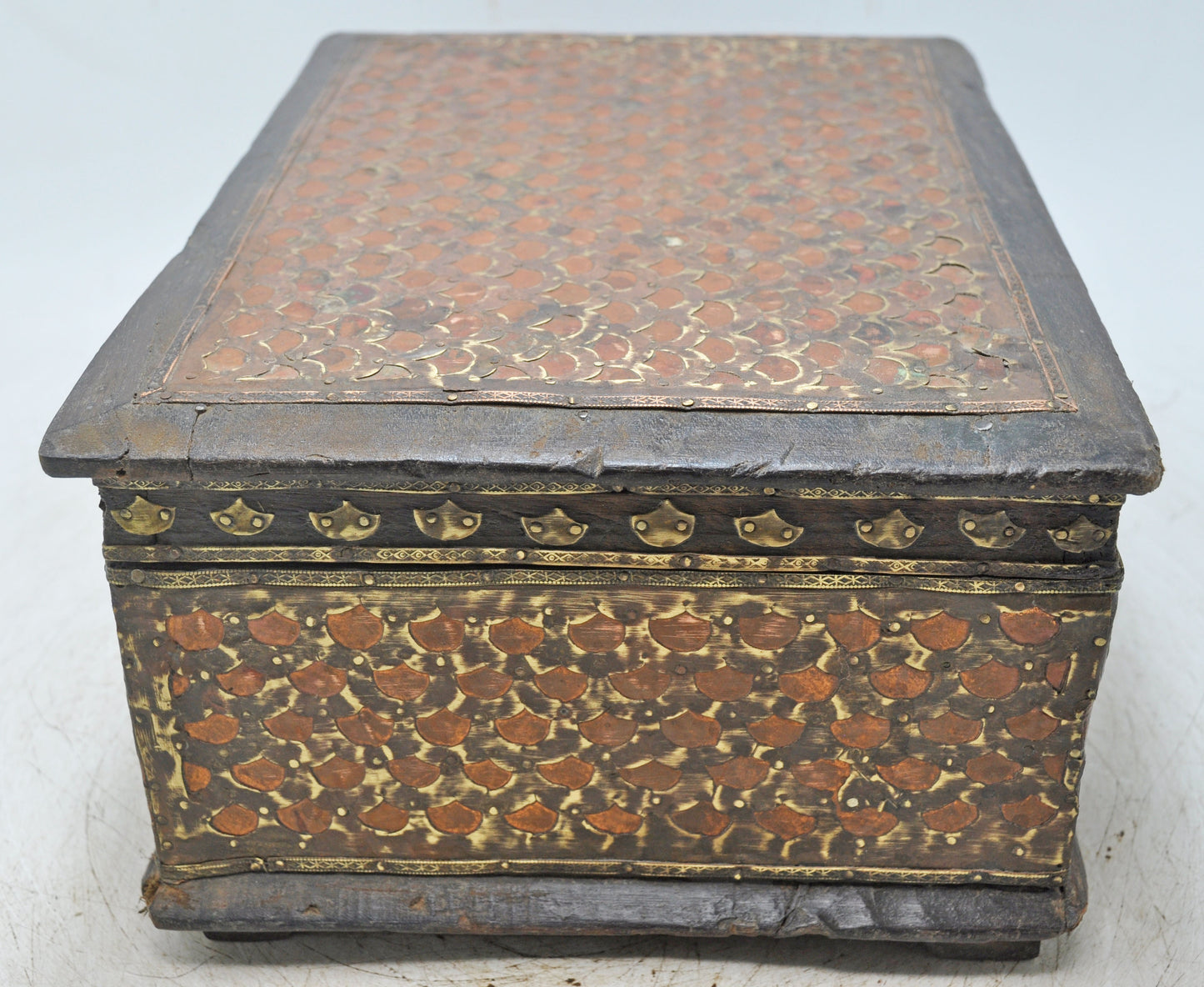 Vintage Wooden Storage Chest Box Original Old Hand Crafted Brass Copper Fitted