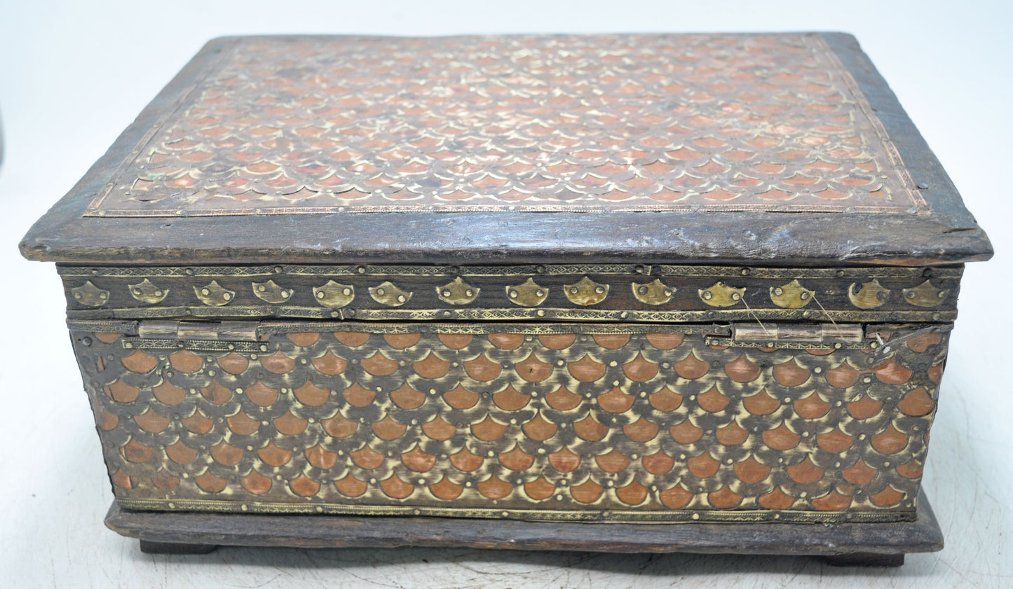 Vintage Wooden Storage Chest Box Original Old Hand Crafted Brass Copper Fitted