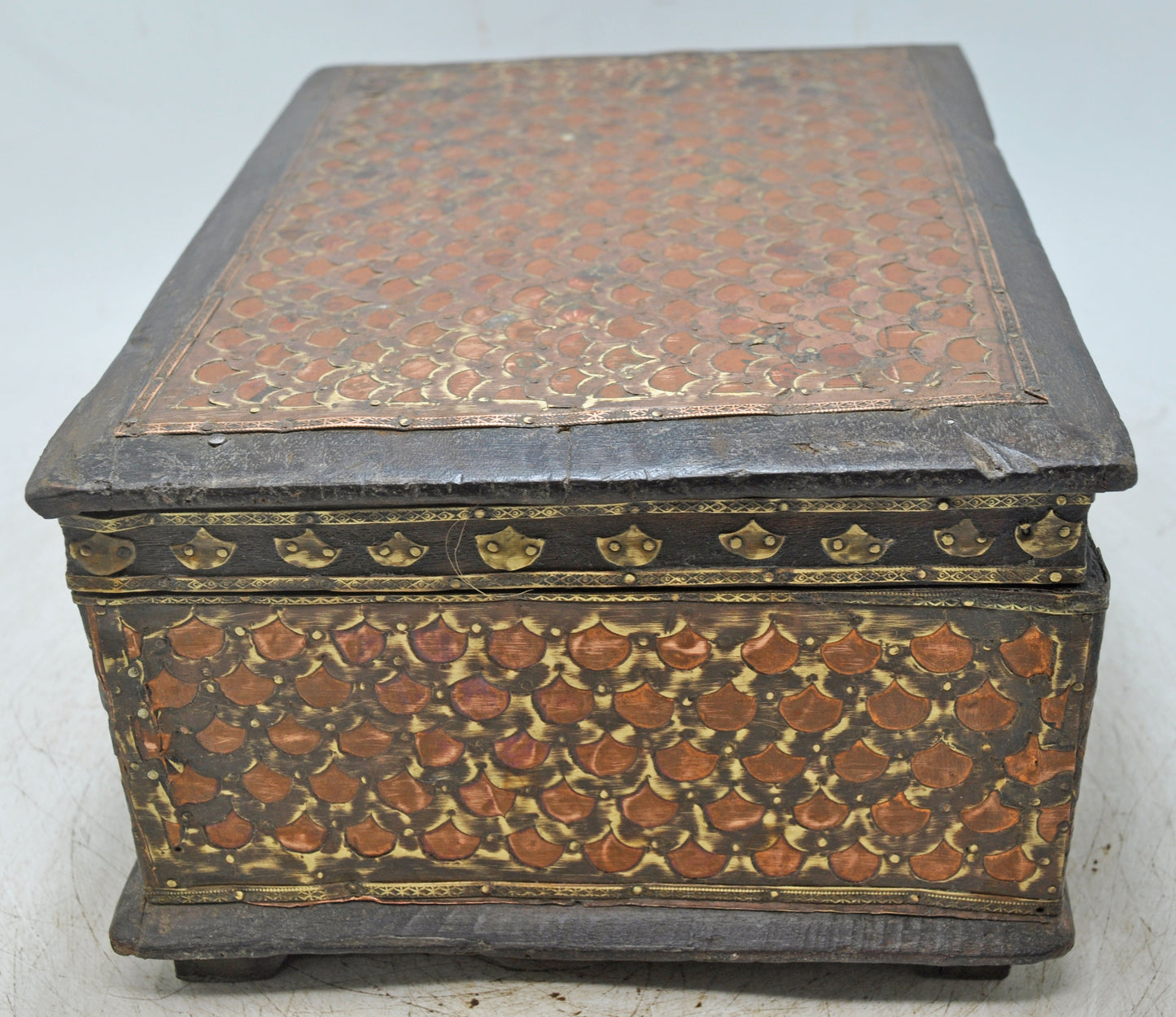 Vintage Wooden Storage Chest Box Original Old Hand Crafted Brass Copper Fitted