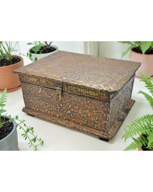 Vintage Wooden Storage Chest Box Original Old Hand Crafted Brass Copper Fitted