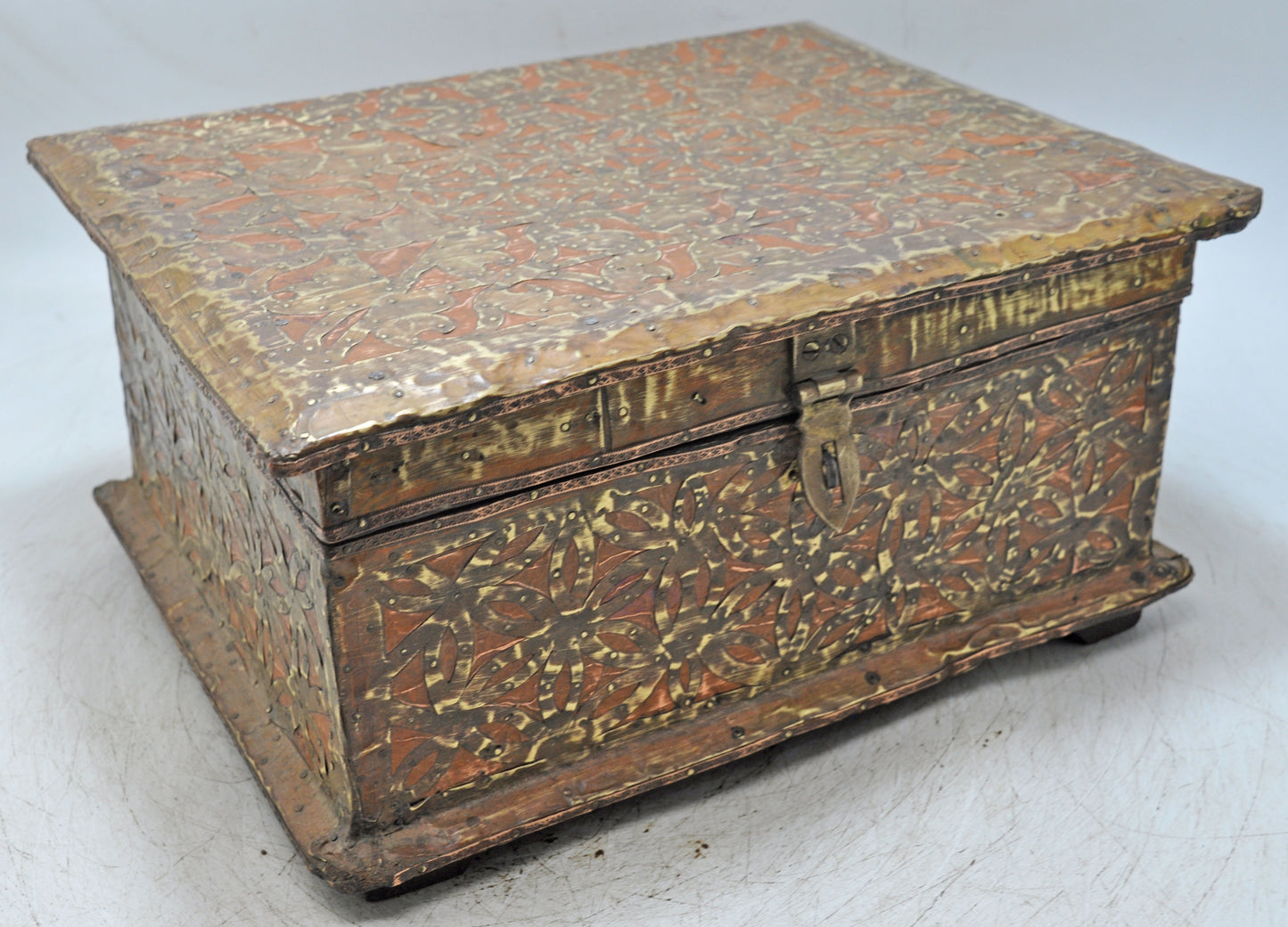 Vintage Wooden Storage Chest Box Original Old Hand Crafted Brass Copper Fitted