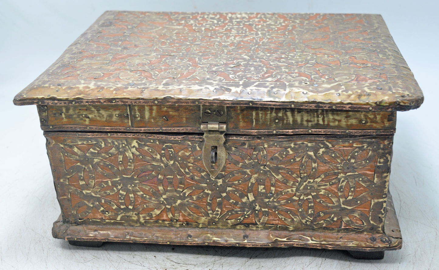 Vintage Wooden Storage Chest Box Original Old Hand Crafted Brass Copper Fitted