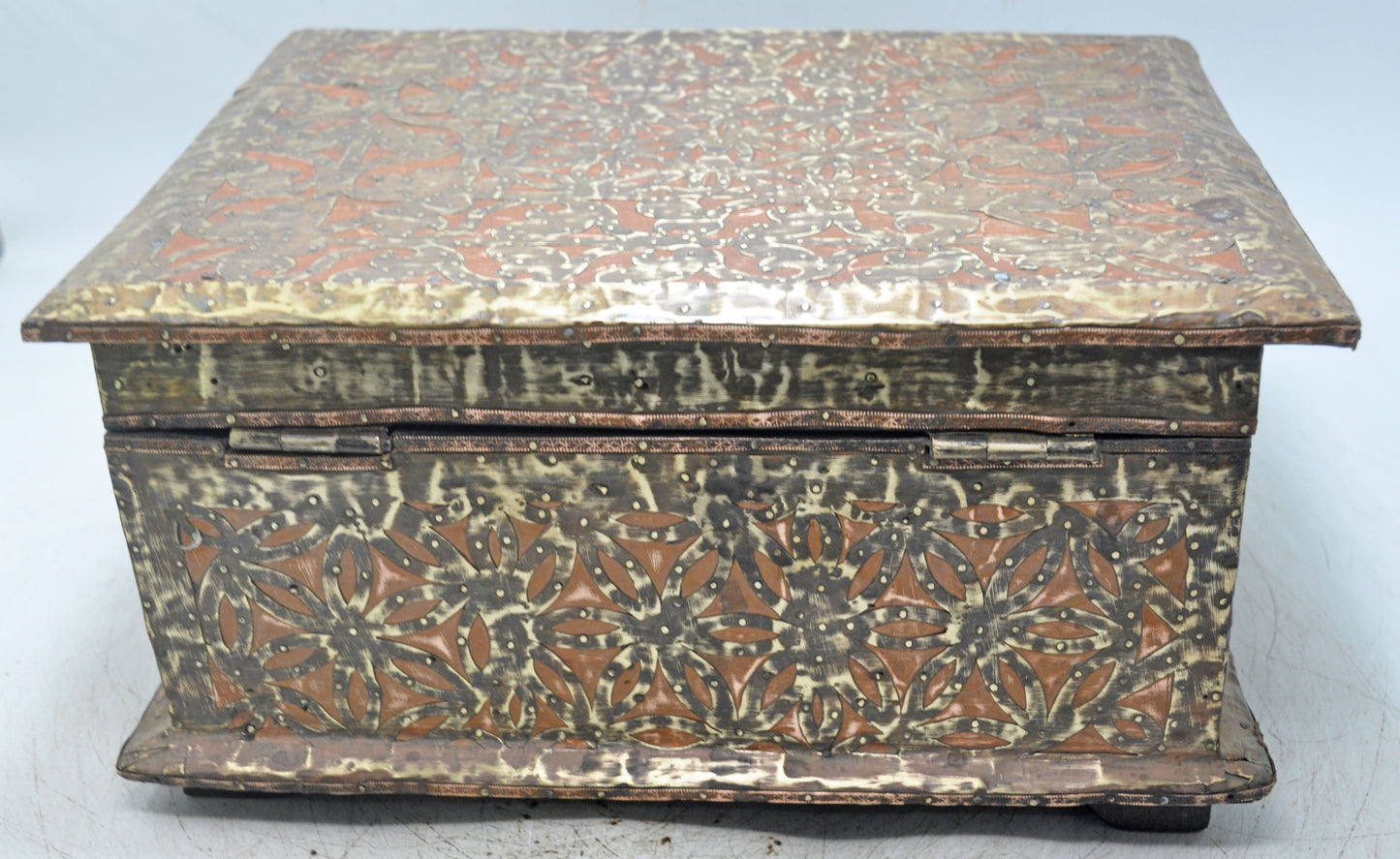 Vintage Wooden Storage Chest Box Original Old Hand Crafted Brass Copper Fitted