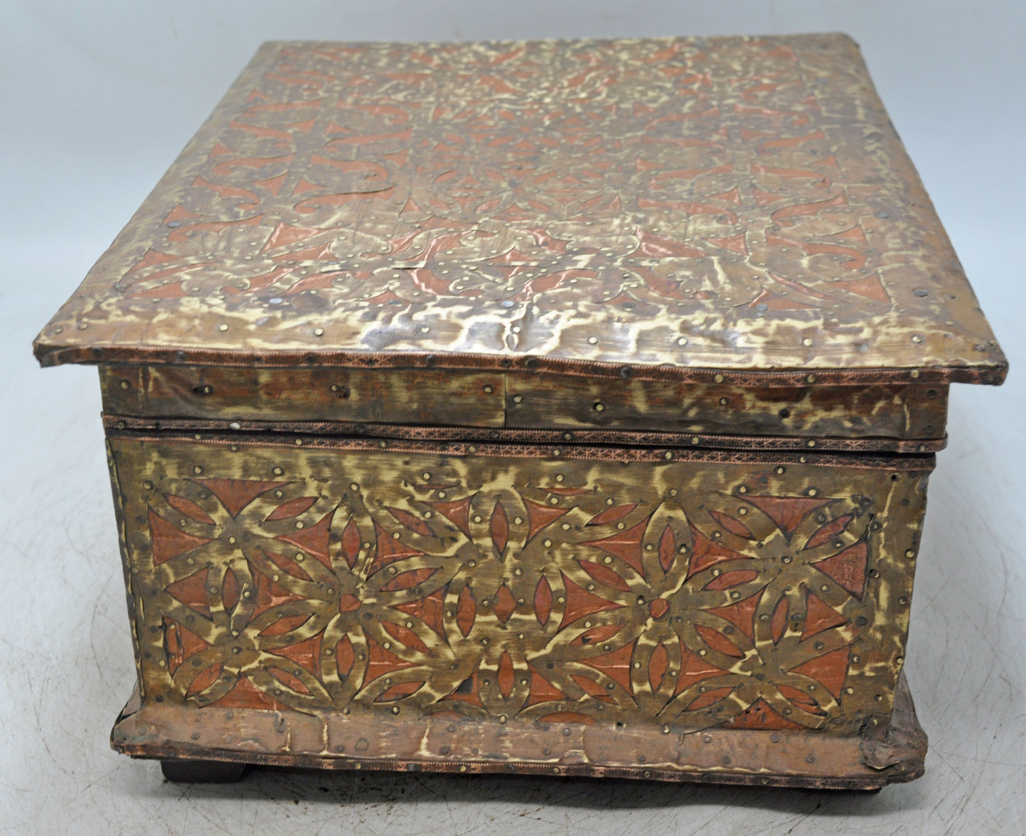 Vintage Wooden Storage Chest Box Original Old Hand Crafted Brass Copper Fitted