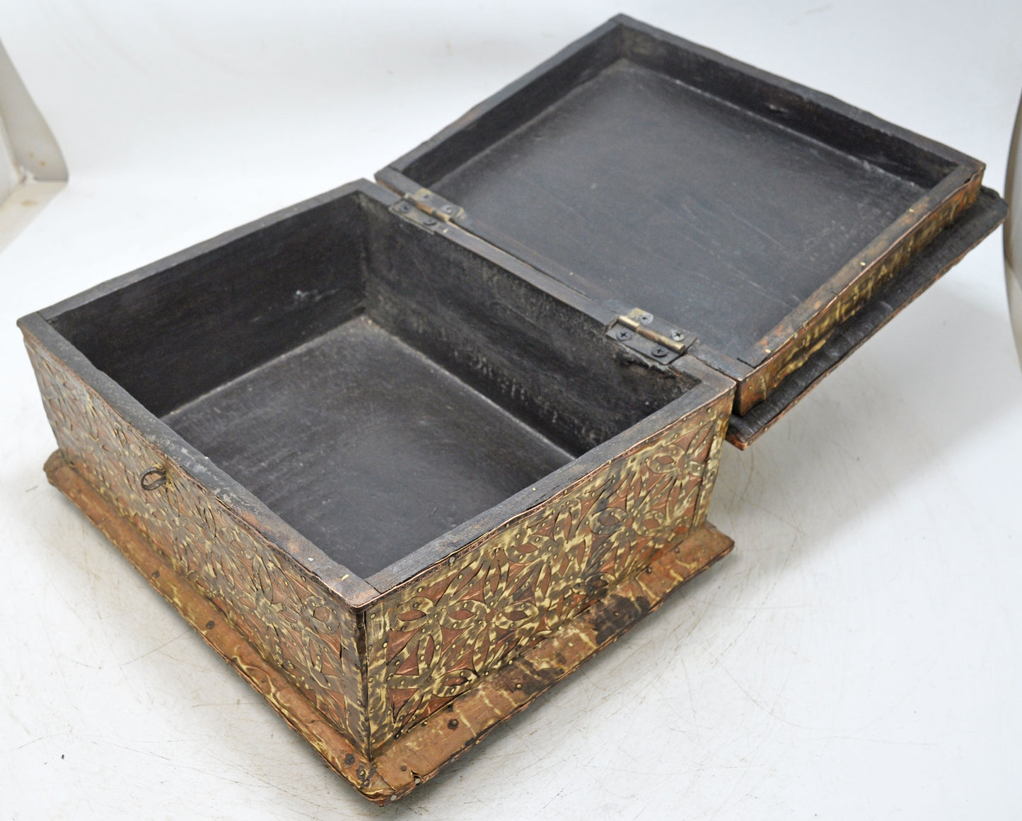 Vintage Wooden Storage Chest Box Original Old Hand Crafted Brass Copper Fitted