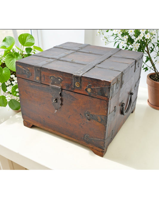 Vintage Wooden Square Storage Chest Box Original Old Hand Crafted Metal Fitted