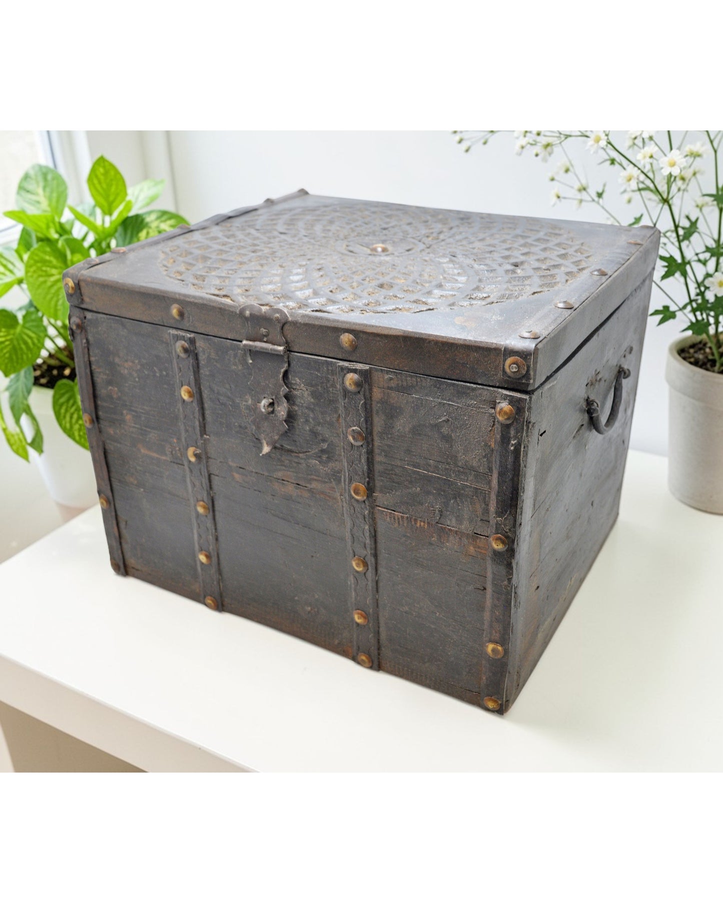Vintage Wooden Square Storage Chest Box Original Old Hand Crafted Metal Fitted
