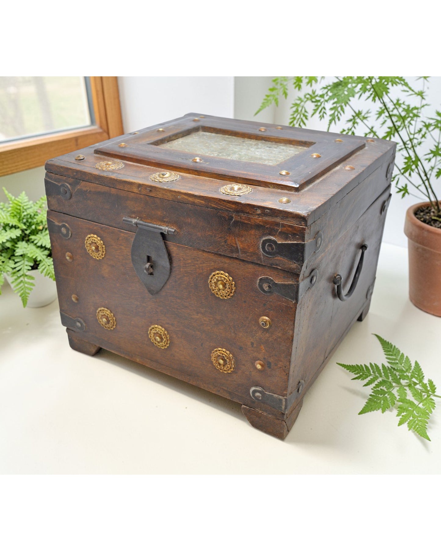 Vintage Wooden Square Storage Chest Box Original Old Hand Crafted Metal Fitted