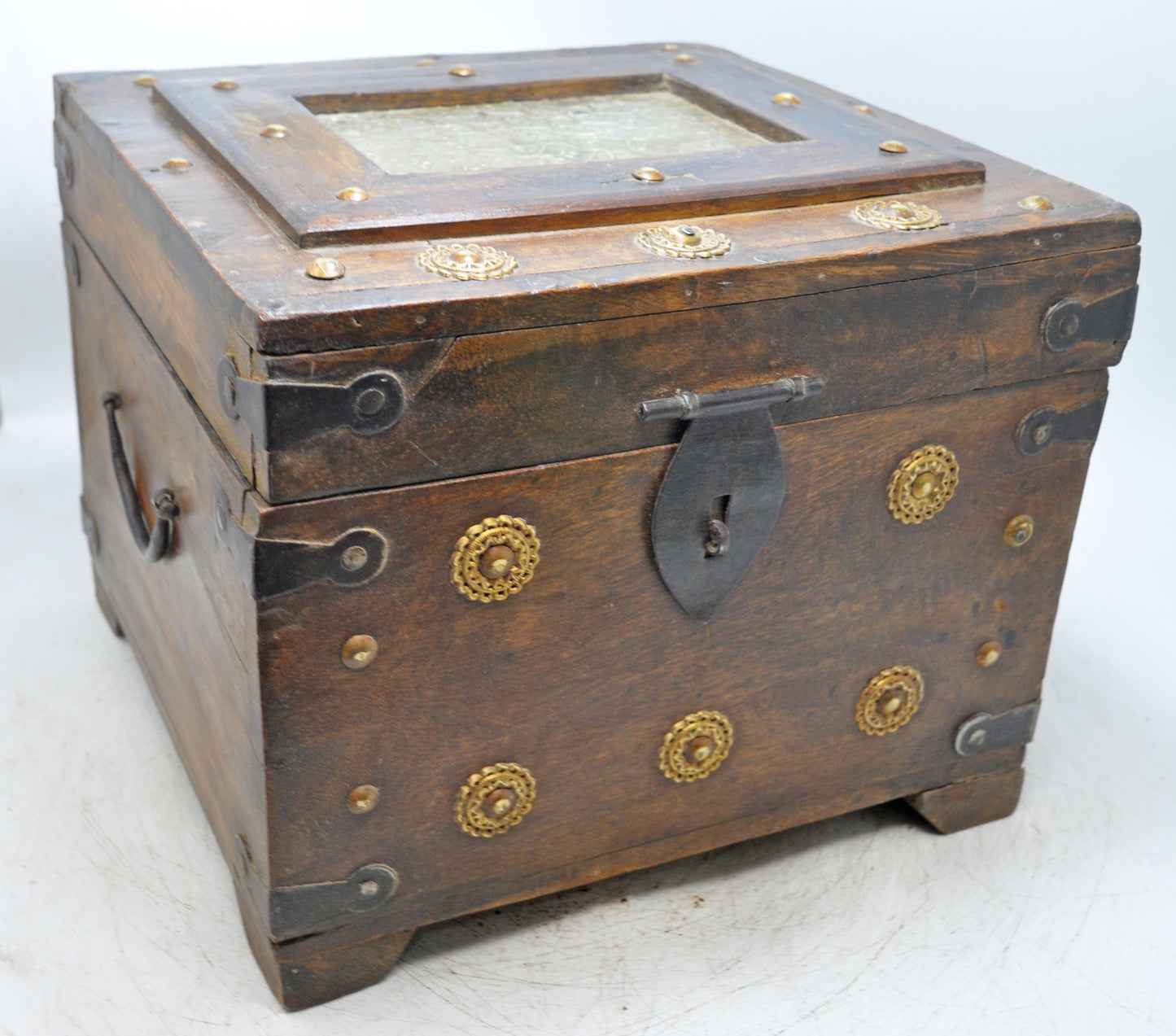 Vintage Wooden Square Storage Chest Box Original Old Hand Crafted Metal Fitted