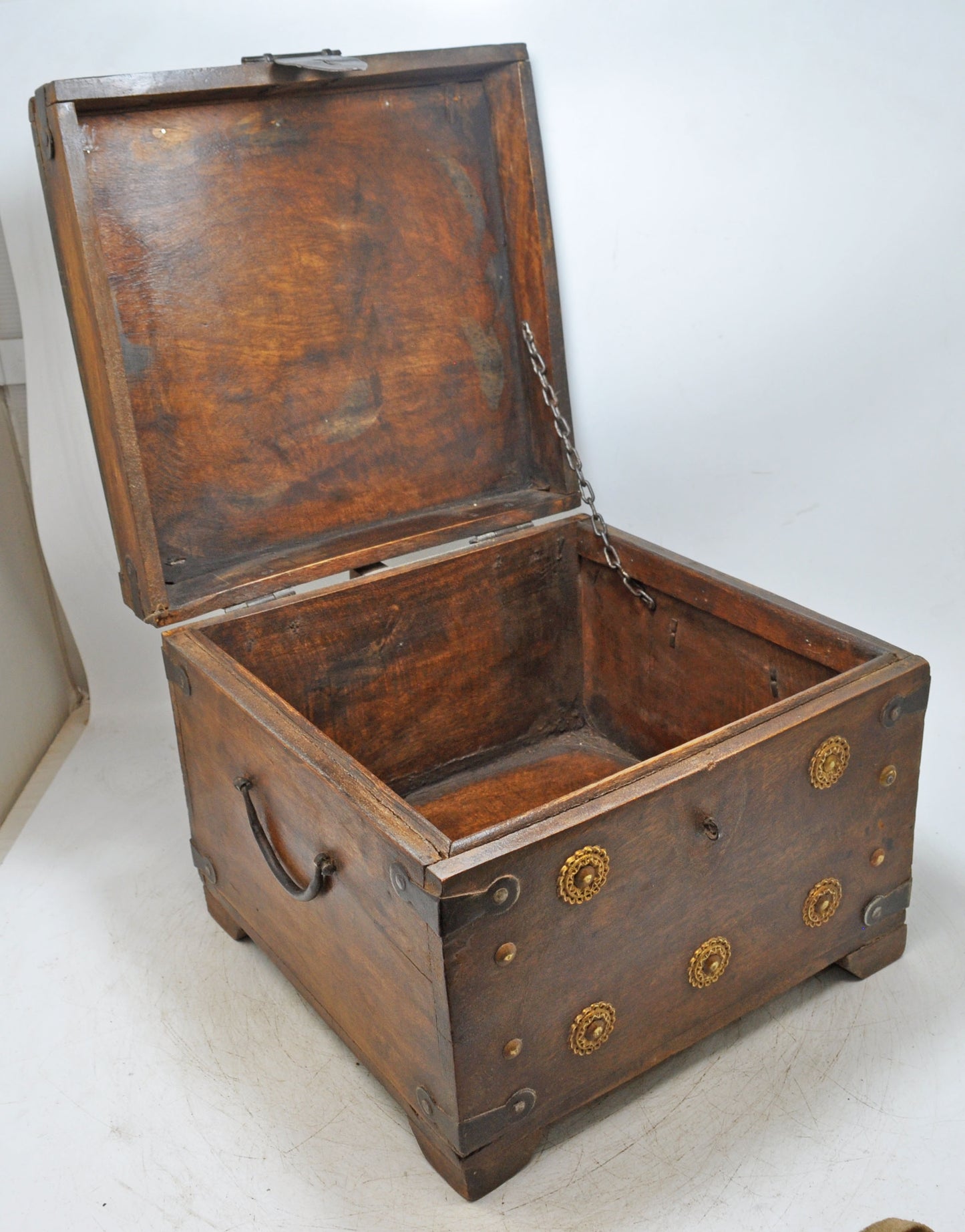 Vintage Wooden Square Storage Chest Box Original Old Hand Crafted Metal Fitted