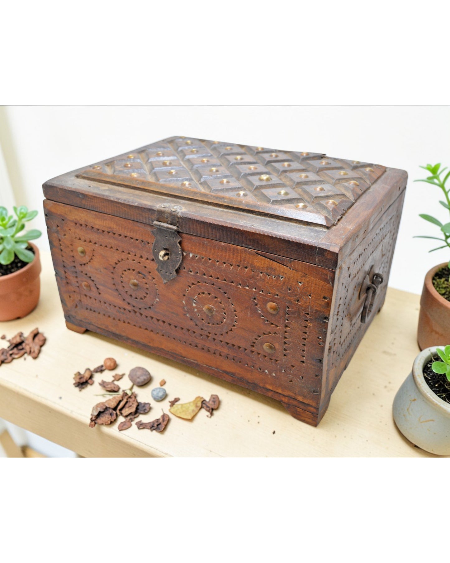 Vintage Wooden Storage Chest Box Original Old Hand Crafted Carved