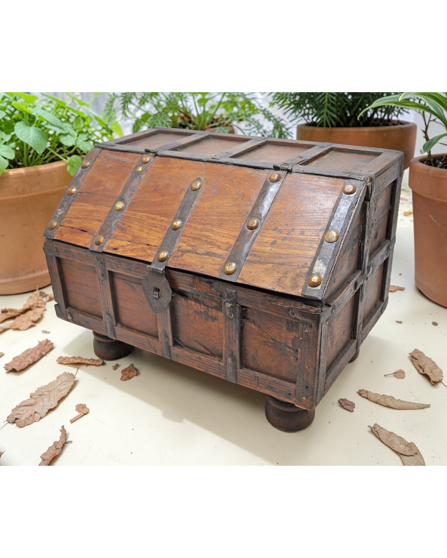 Vintage Wooden Unique Shape Storage Box Original Old Hand Crafted Metal Fitted