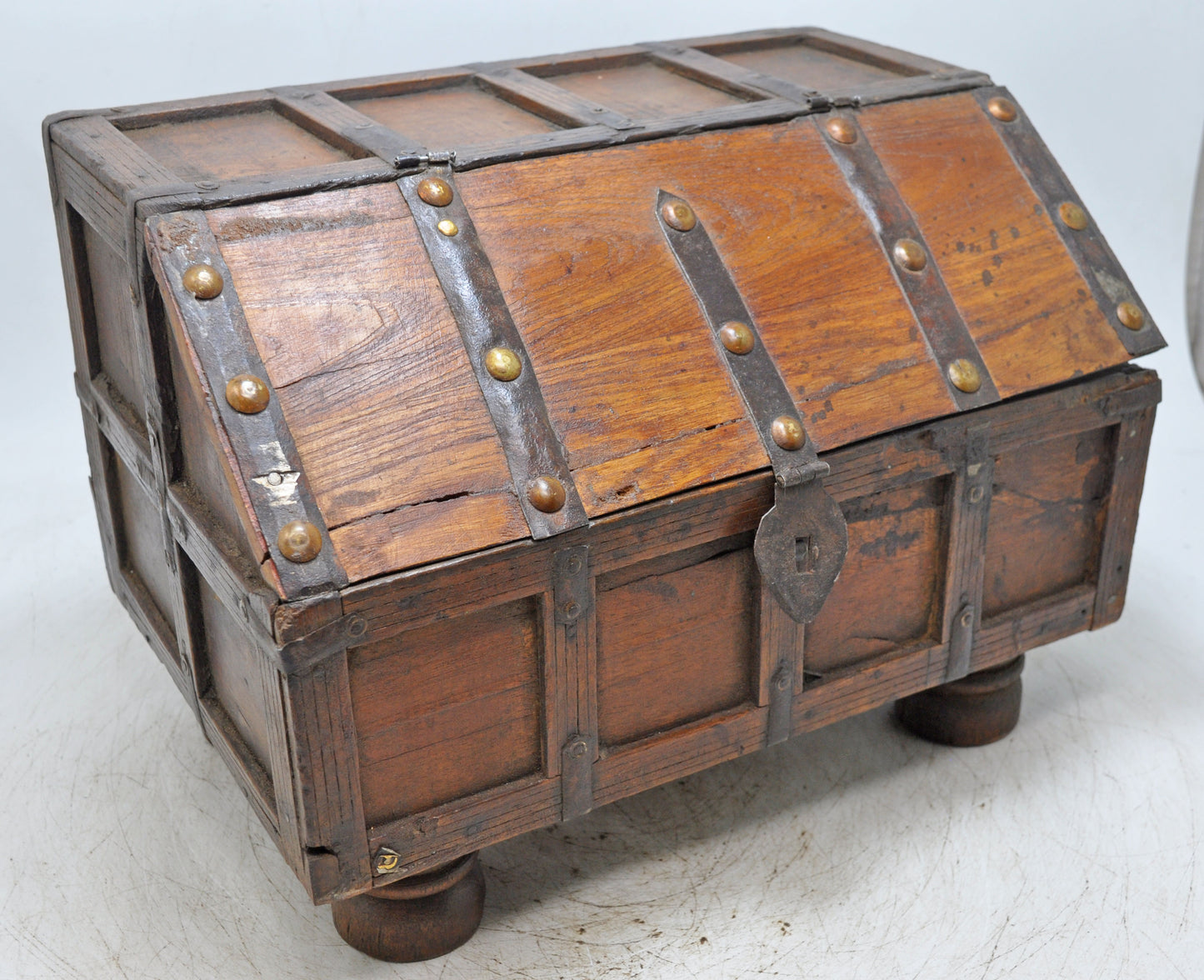 Vintage Wooden Unique Shape Storage Box Original Old Hand Crafted Metal Fitted