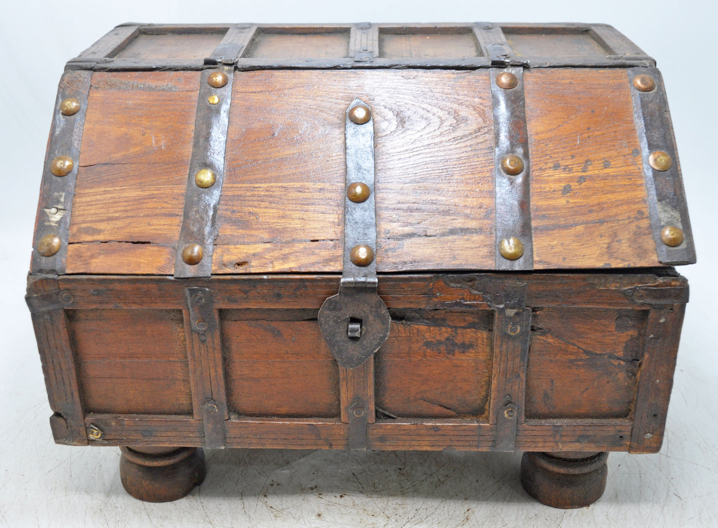 Vintage Wooden Unique Shape Storage Box Original Old Hand Crafted Metal Fitted