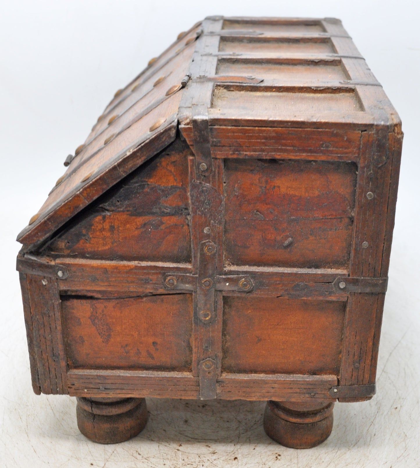 Vintage Wooden Unique Shape Storage Box Original Old Hand Crafted Metal Fitted