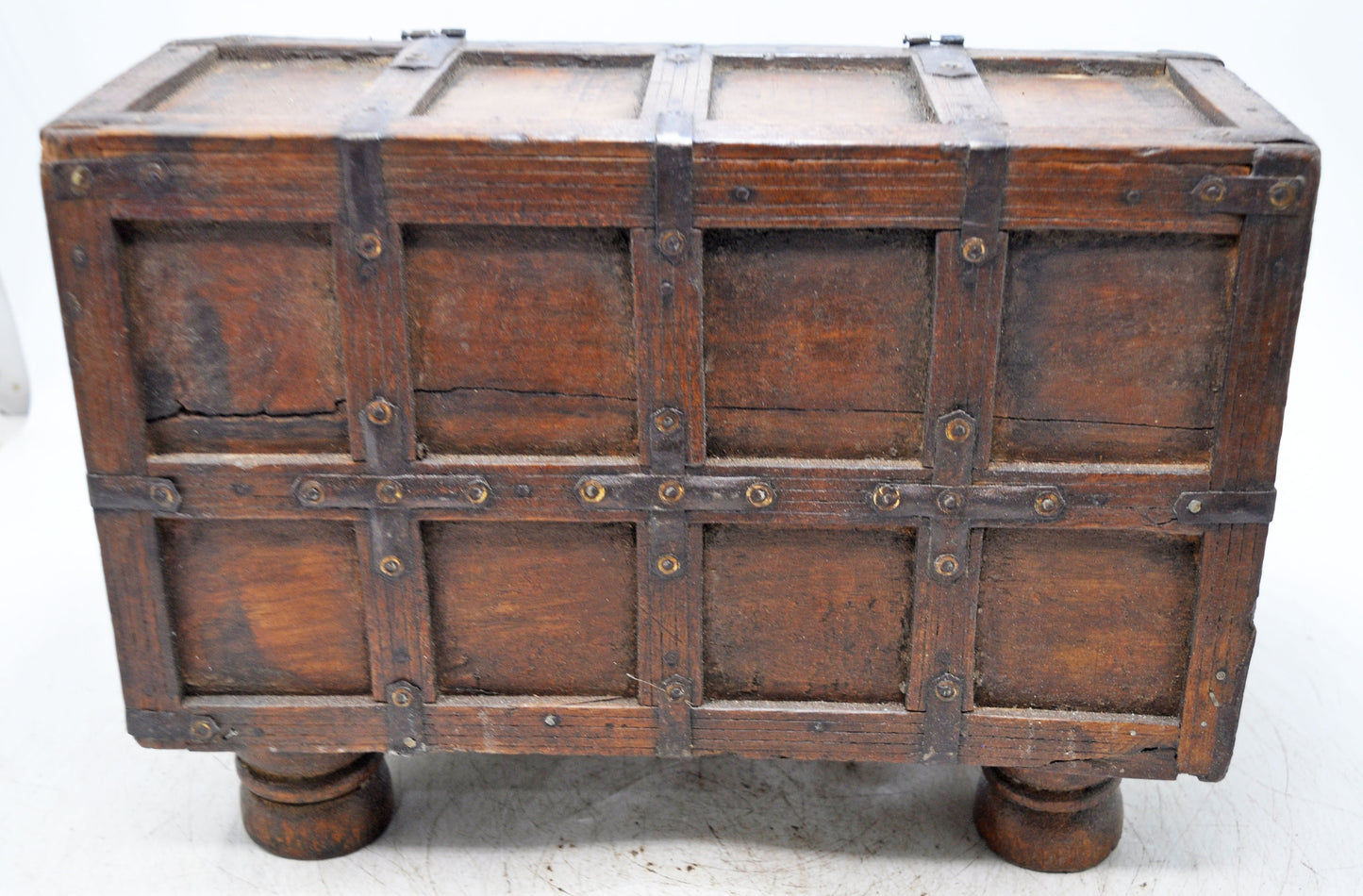 Vintage Wooden Unique Shape Storage Box Original Old Hand Crafted Metal Fitted