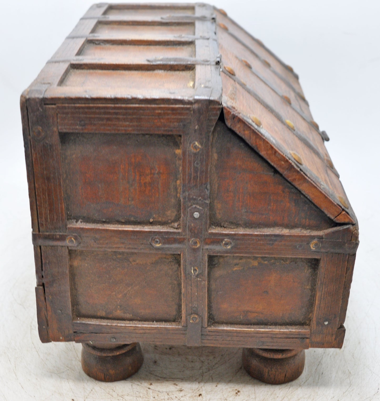 Vintage Wooden Unique Shape Storage Box Original Old Hand Crafted Metal Fitted