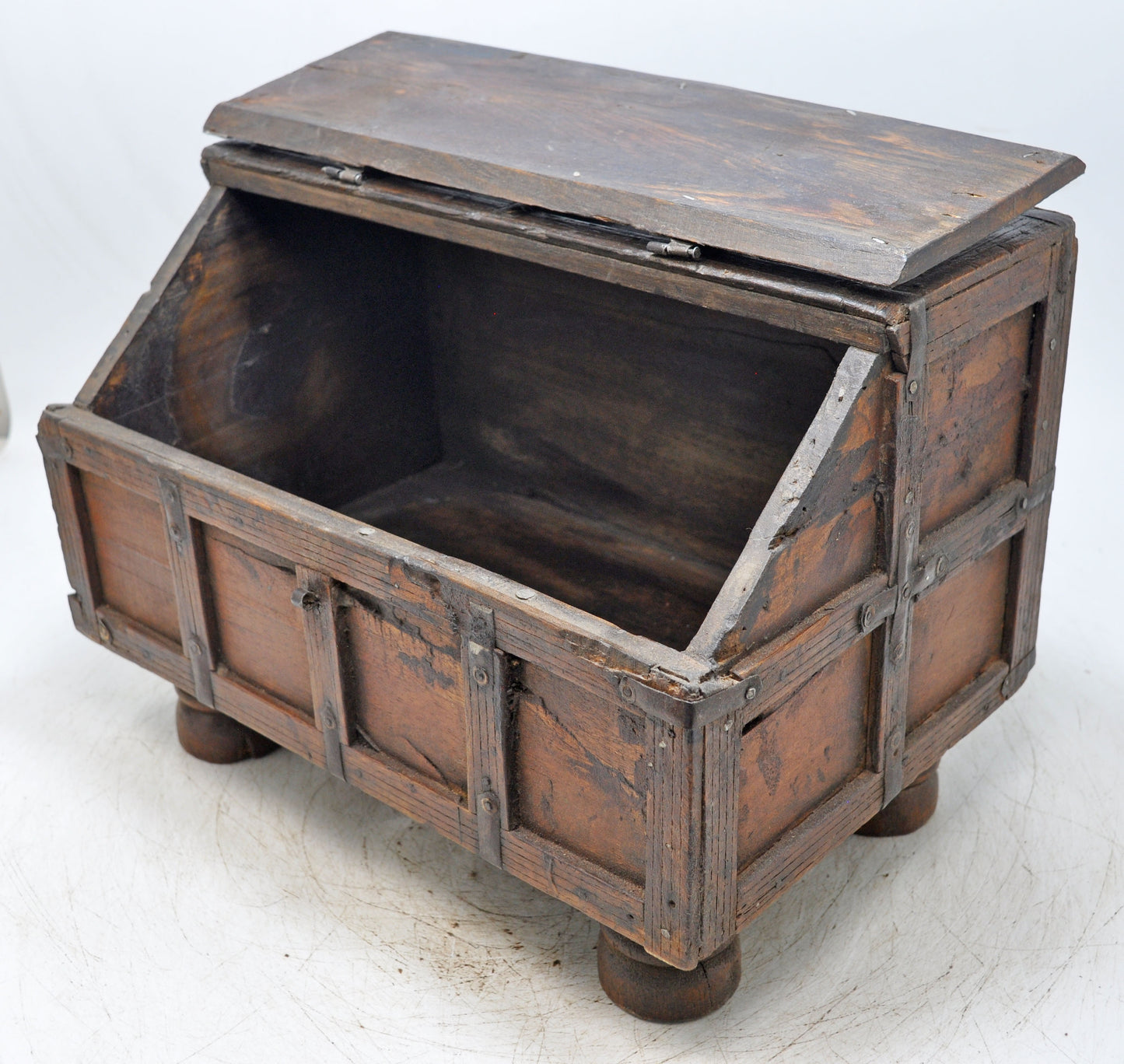 Vintage Wooden Unique Shape Storage Box Original Old Hand Crafted Metal Fitted
