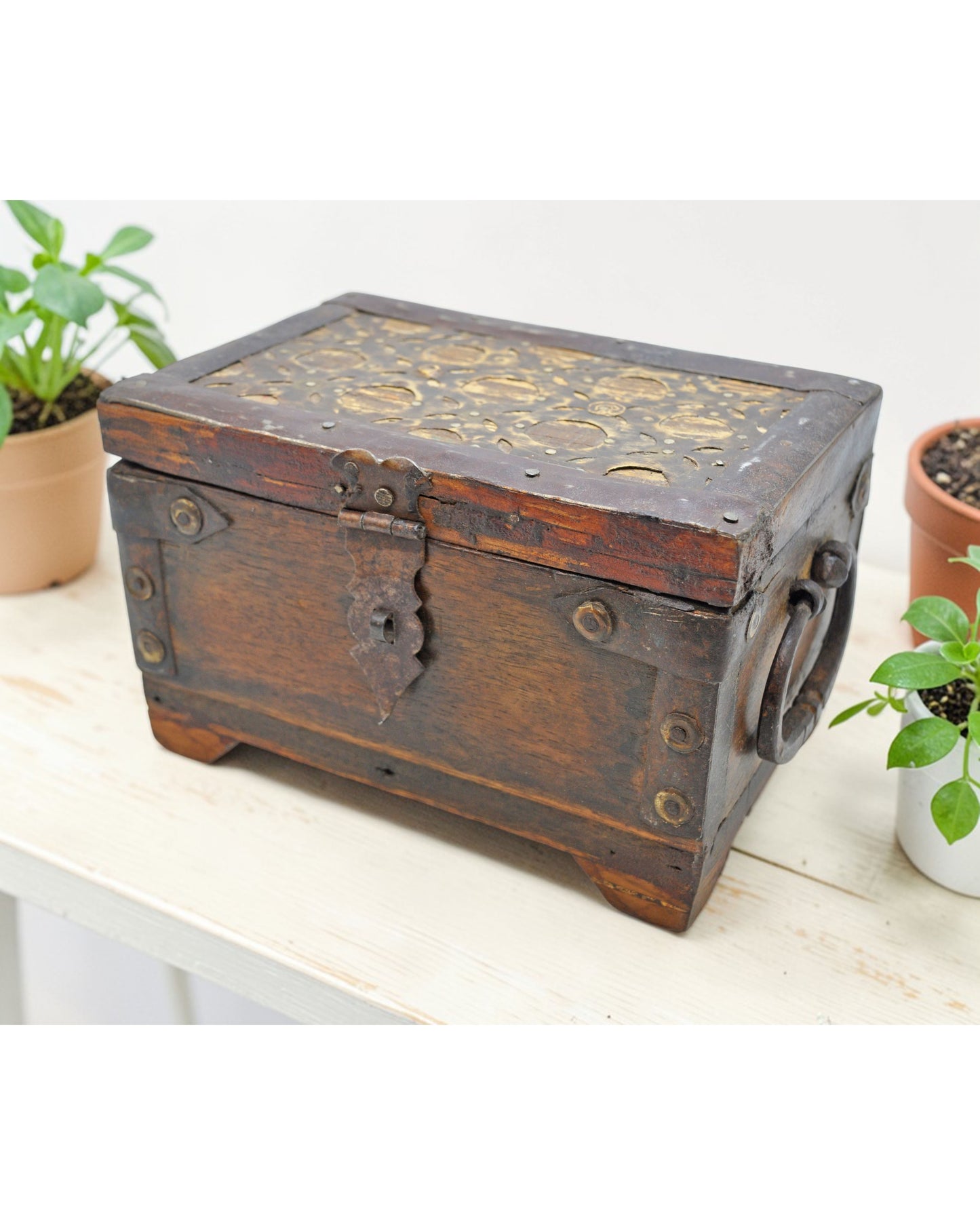Vintage Wooden Small Storage Box Original Old Hand Crafted Brass Fitted