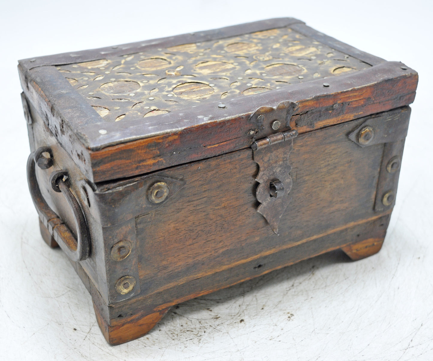 Vintage Wooden Small Storage Box Original Old Hand Crafted Brass Fitted