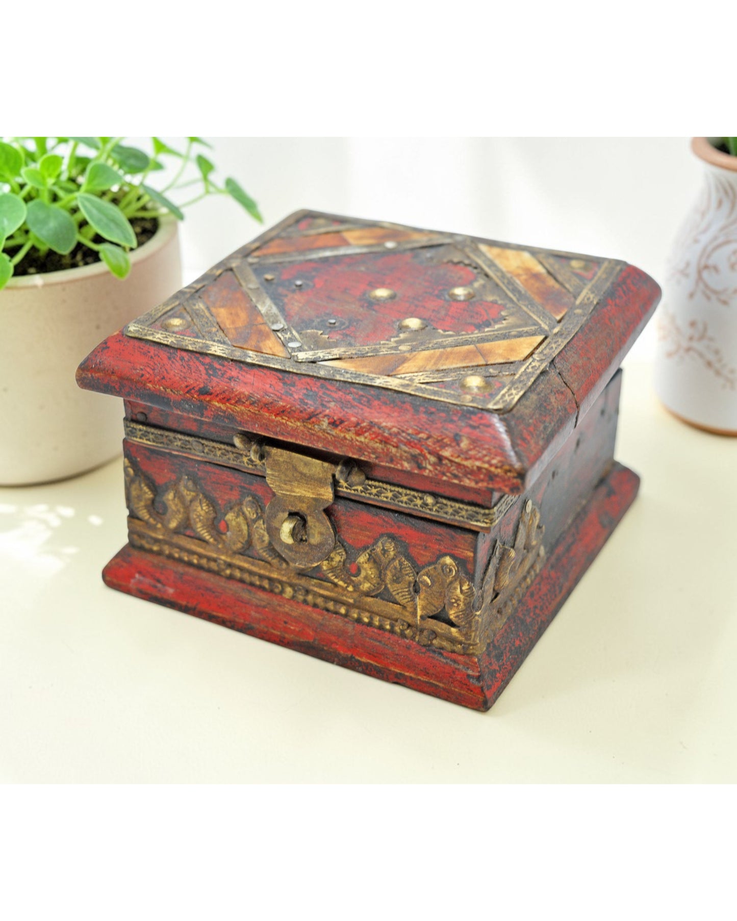 Vintage Wooden Small Square Storage Box Original Old Hand Crafted Brass Fitted