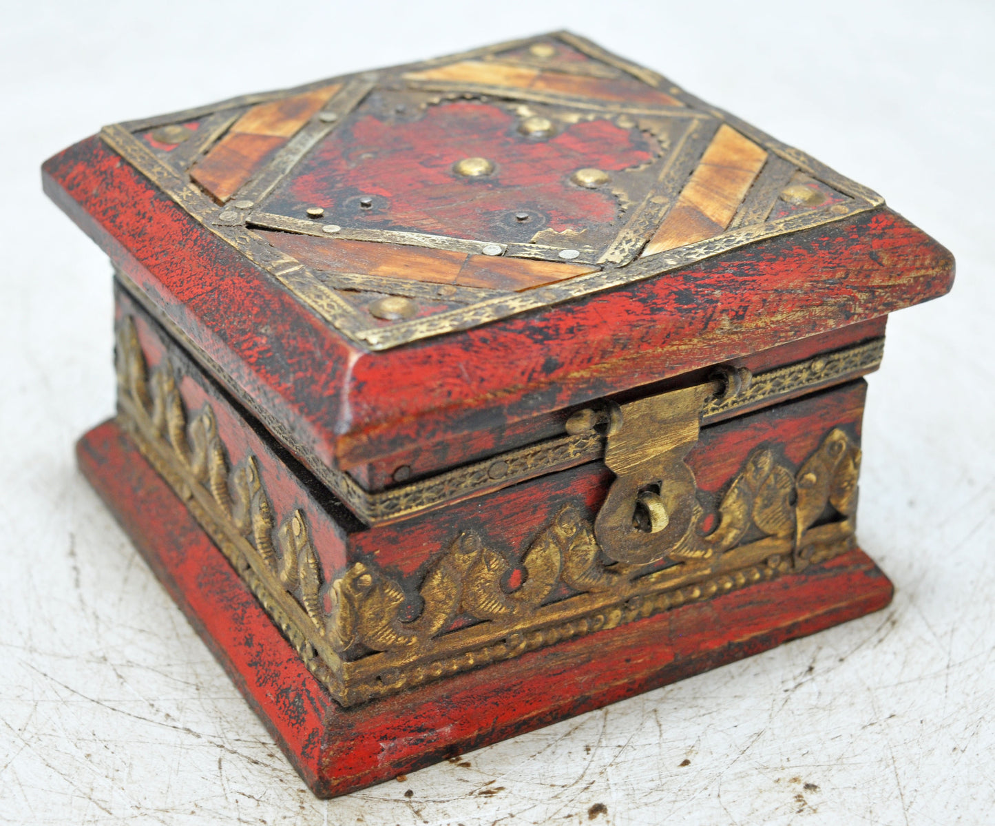 Vintage Wooden Small Square Storage Box Original Old Hand Crafted Brass Fitted
