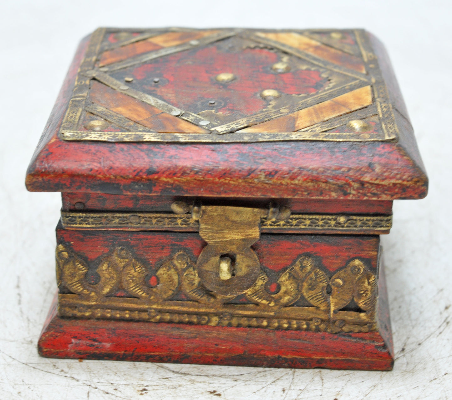 Vintage Wooden Small Square Storage Box Original Old Hand Crafted Brass Fitted