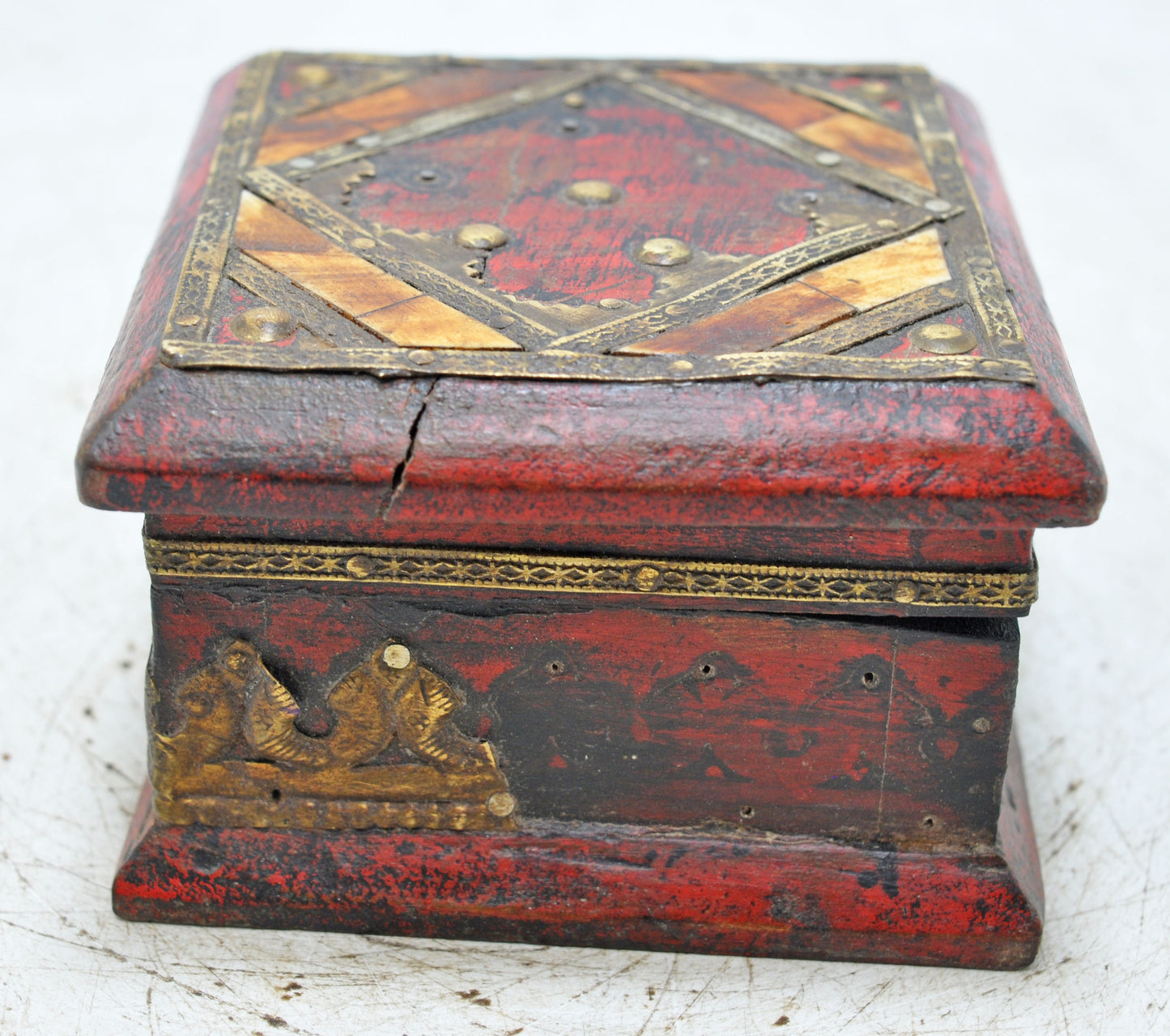 Vintage Wooden Small Square Storage Box Original Old Hand Crafted Brass Fitted