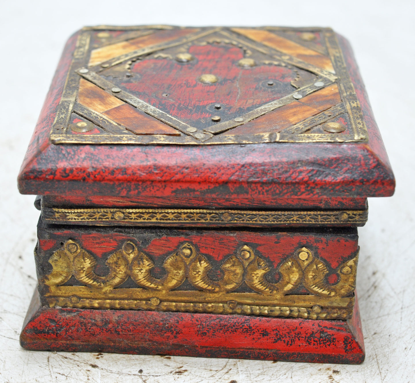 Vintage Wooden Small Square Storage Box Original Old Hand Crafted Brass Fitted
