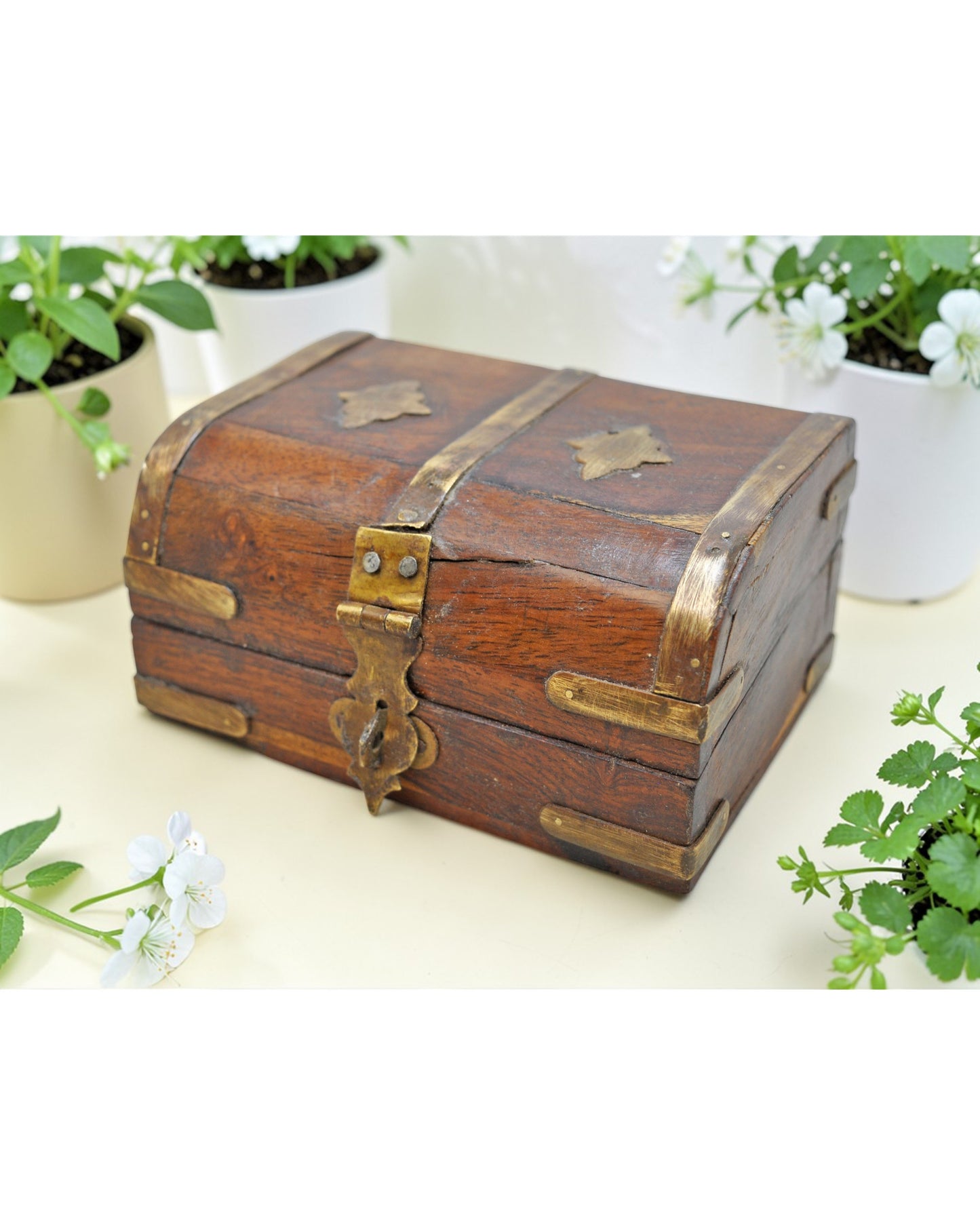 Vintage Wooden Small Storage Box Hand Crafted Brass Fitted
