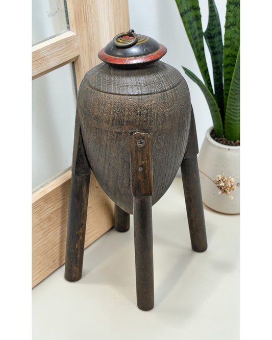 Antique Wooden Oil Pot With Stand Original Old Hand Carved