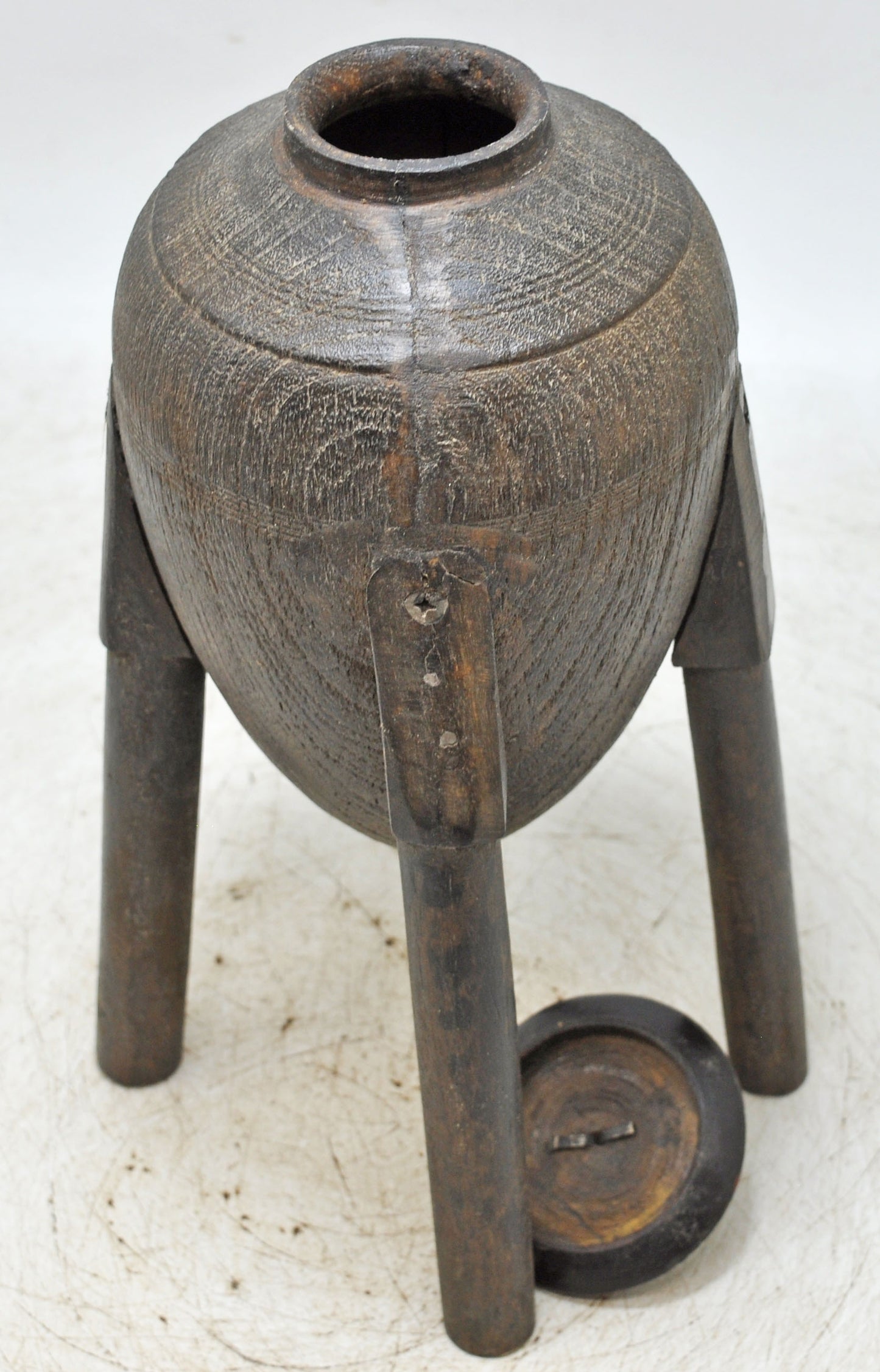 Antique Wooden Oil Pot With Stand Original Old Hand Carved