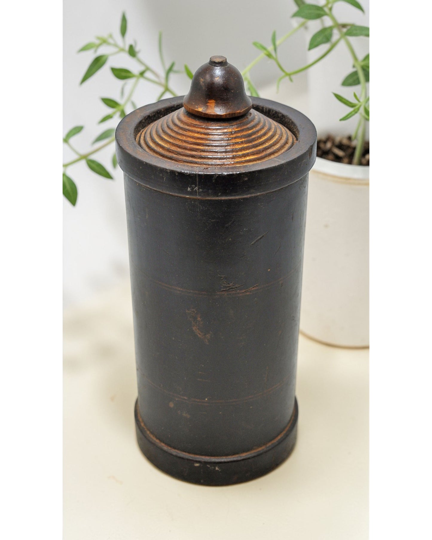 Vintage Wooden Round Box Original Old Hand Carved Lacquer Painted
