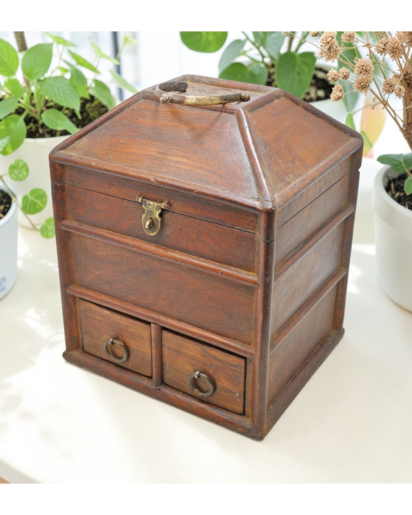 Vintage Wooden Storage Box With 2 Drawers Original Old Hand Crafted