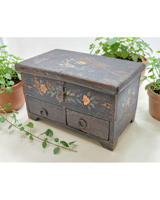 Vintage Wooden Storage Chest Box With 2 Drawers Original Old Floral Painted