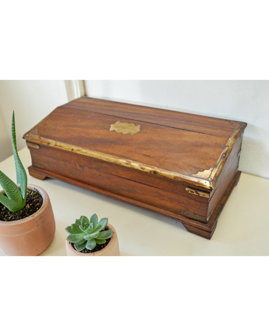 Vintage Wooden Pencil Stationary Small Desk Box Original Old Brass Fitted
