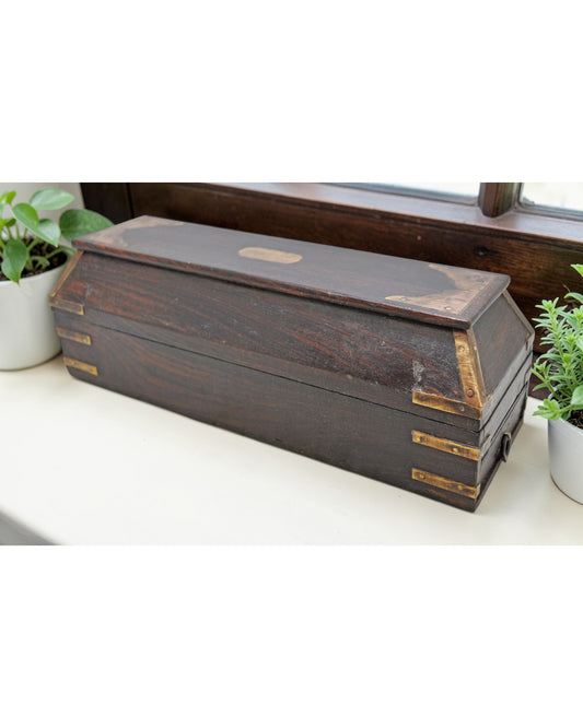 Vintage Wooden Pencil Stationary Box Original Old Hand Crafted Brass Fitted