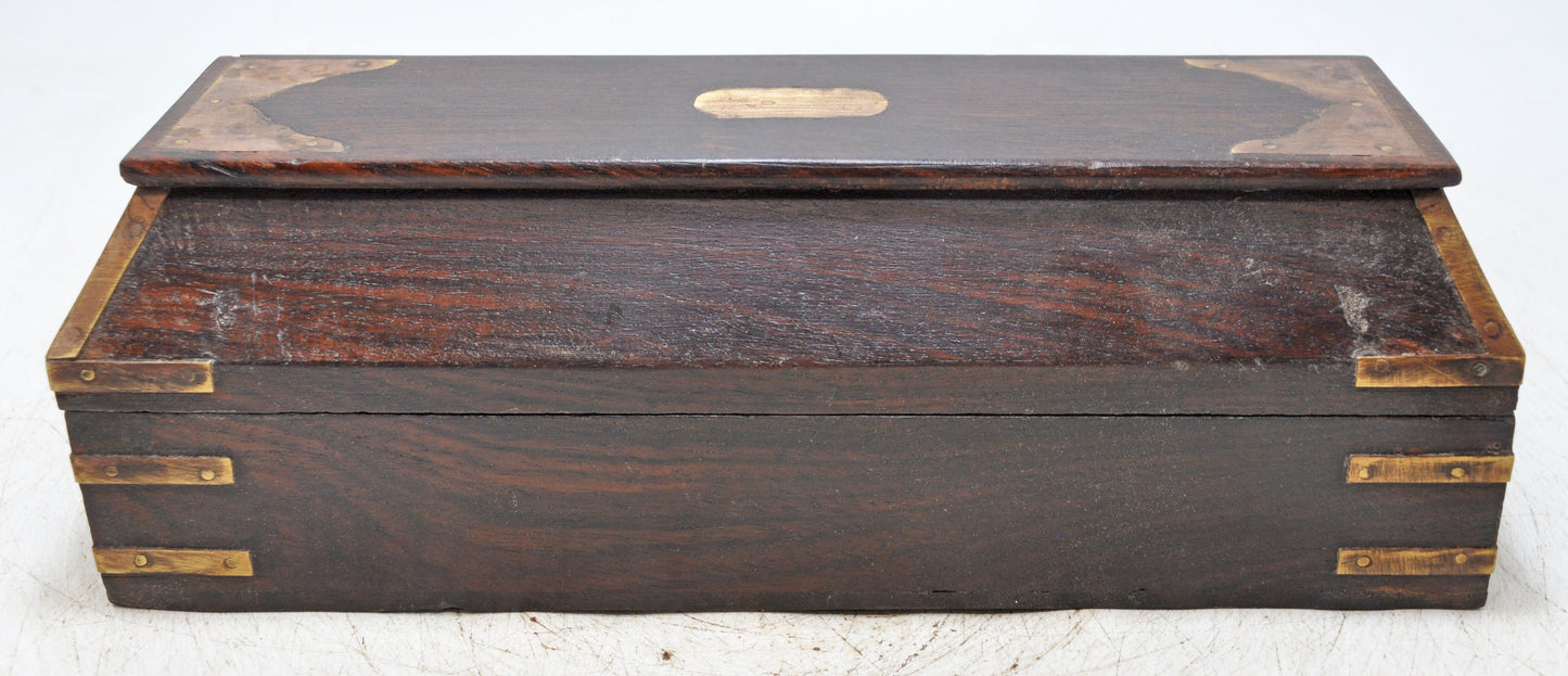 Vintage Wooden Pencil Stationary Box Original Old Hand Crafted Brass Fitted