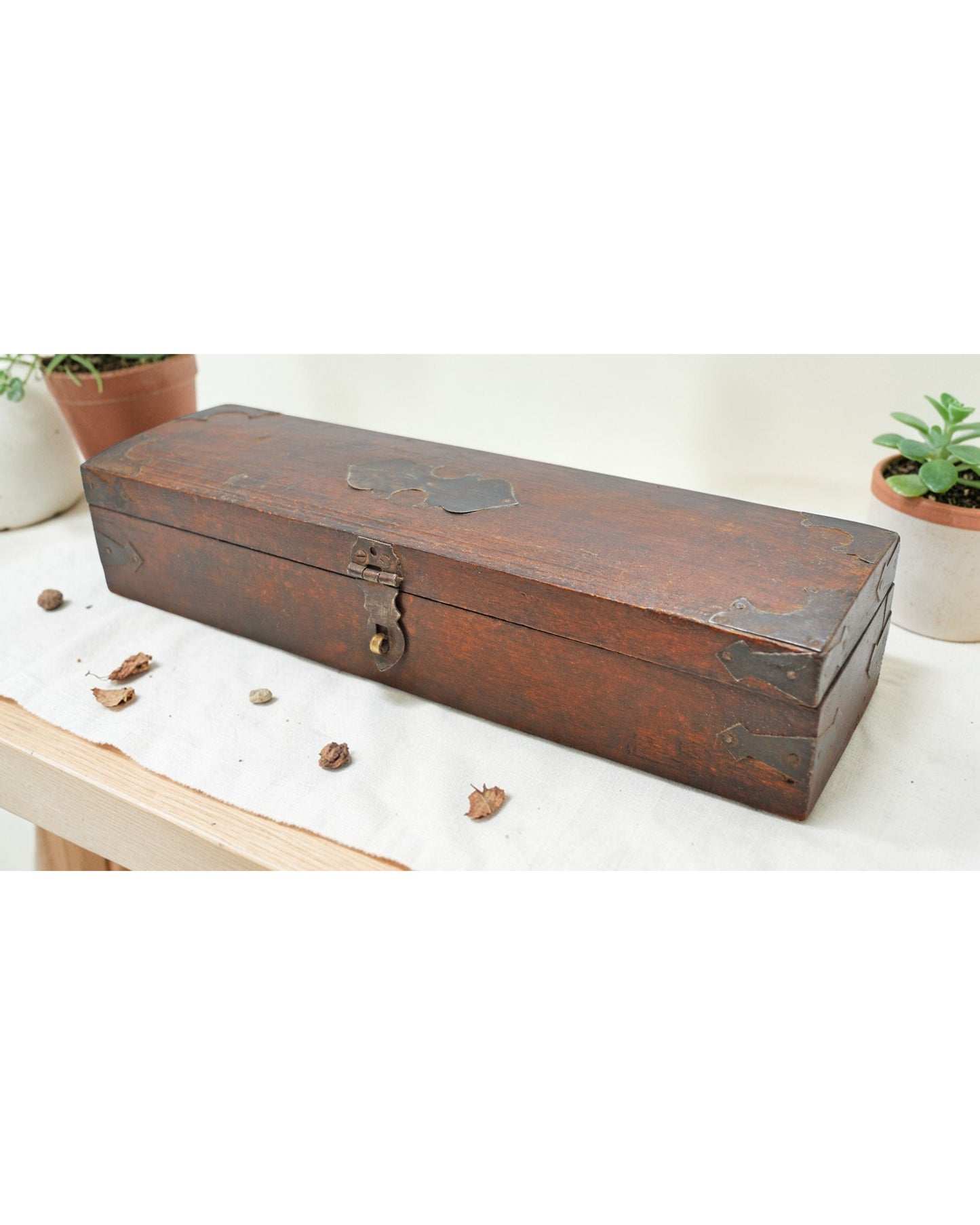 Vintage Wooden Pencil Stationary Box Original Old Hand Crafted Brass Fitted